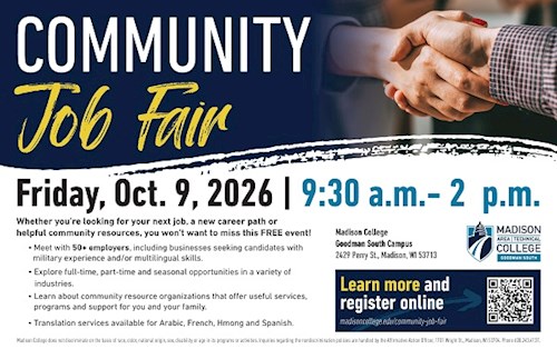 Graphic Community Job Fair, Friday, October 9 2026, 9:30-2:00 p.m. at Madison College Goodman South Campus 2429 Perry St., Madison, WI 53713