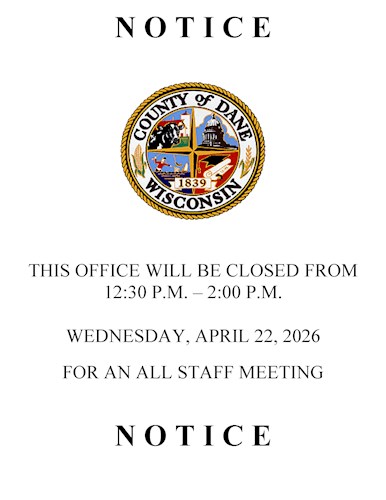 Notice, This office will be closed from 12:30 p.m., - 2:00 p.m. Wednesday, April 22, 2026 for an all staff meeting.